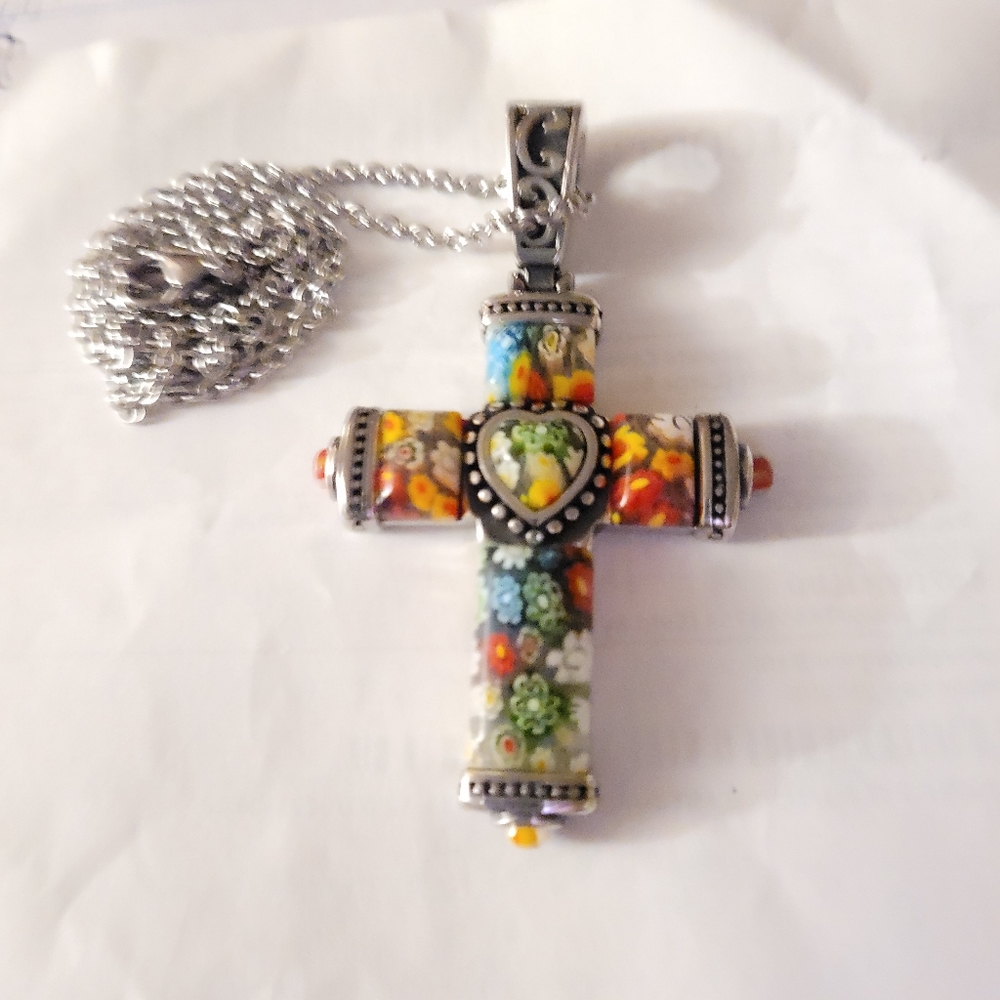 Vintage Byzantine Merano Glass Ant. St. Steel Cross 20"chain (Venace,Italy 🇮🇹) - Picture 7 of 7